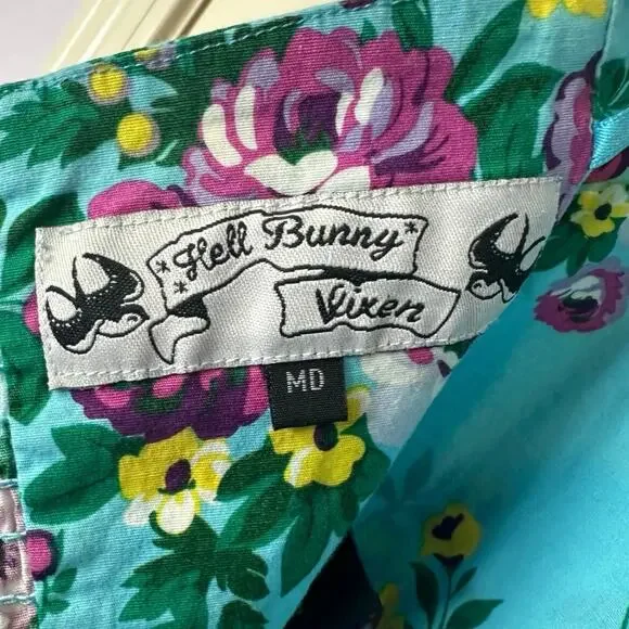 Hell Bunny Vixen Turquoise Floral Halter Dress Size M Pinup Flowy Vacation - Picture 8 of 8